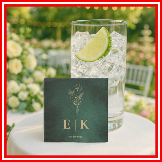 Emerald Green & Gold Monogram Wildflower Wedding Stone Coaster (Creator Uploaded)