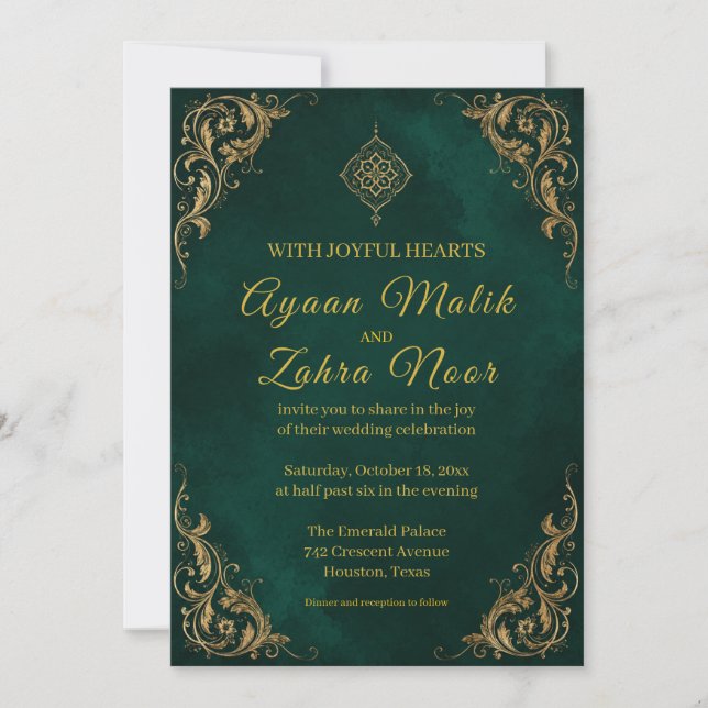 Emerald Green Gold Muslim Wedding Invitation (Front)