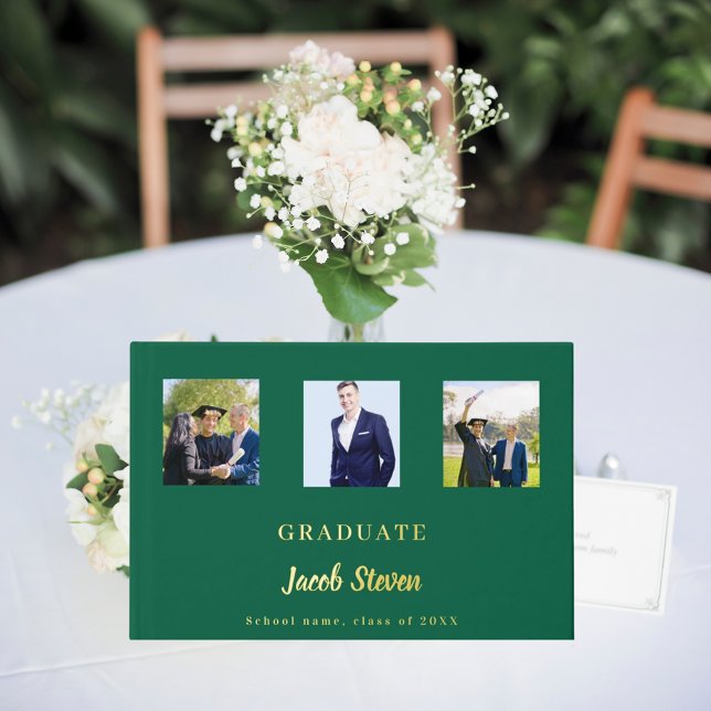 Emerald green gold name script photo Graduation Guest Book (Creator Uploaded)