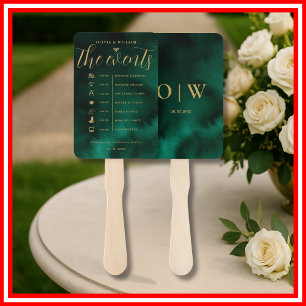 Emerald Green Gold Order of Events Wedding Program Hand Fan