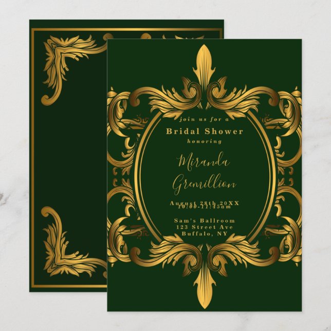 Emerald Green Gold Ornament Bridal Shower Invitation (Front/Back)