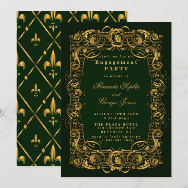 Emerald Green Gold Ornament Engagement Invitations (Front/Back)