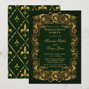 Emerald Green Gold Ornament Engagement Invitations