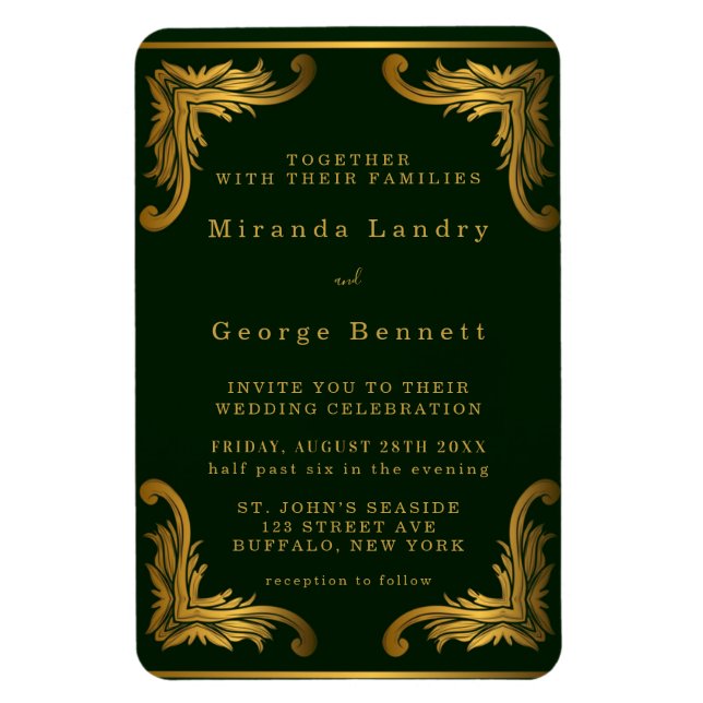 Emerald Green Gold Ornament Wedding Invitation Magnet (Vertical)