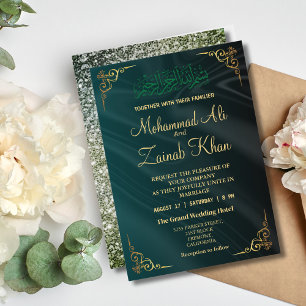 Emerald Green gold ornate Walima Invitation