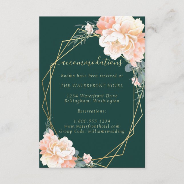  Emerald Green Gold Peach Floral Wedding Details Enclosure Card (Front)