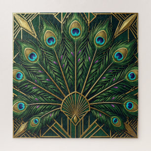 Emerald Green Gold Peacock Feathers Art Deco Jigsaw Puzzle