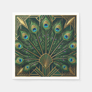 Emerald Green Gold Peacock Feathers Art Deco Napkin