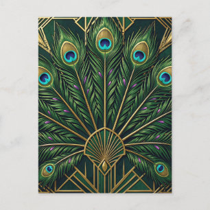 Emerald Green Gold Peacock Feathers Art Deco Postcard