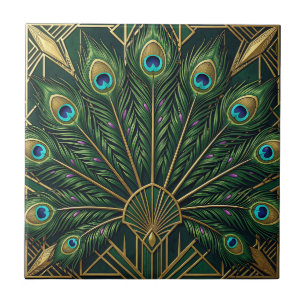 Emerald Green Gold Peacock Feathers Art Deco Tile