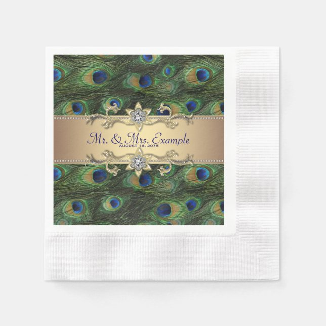 Emerald Green Gold Peacock Wedding Napkin (Front)