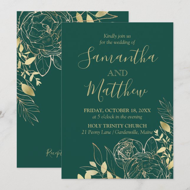 Emerald Green & Gold Peony Modern Floral Wedding Invitation (Front/Back)