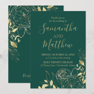 Emerald Green & Gold Peony Modern Floral Wedding Invitation