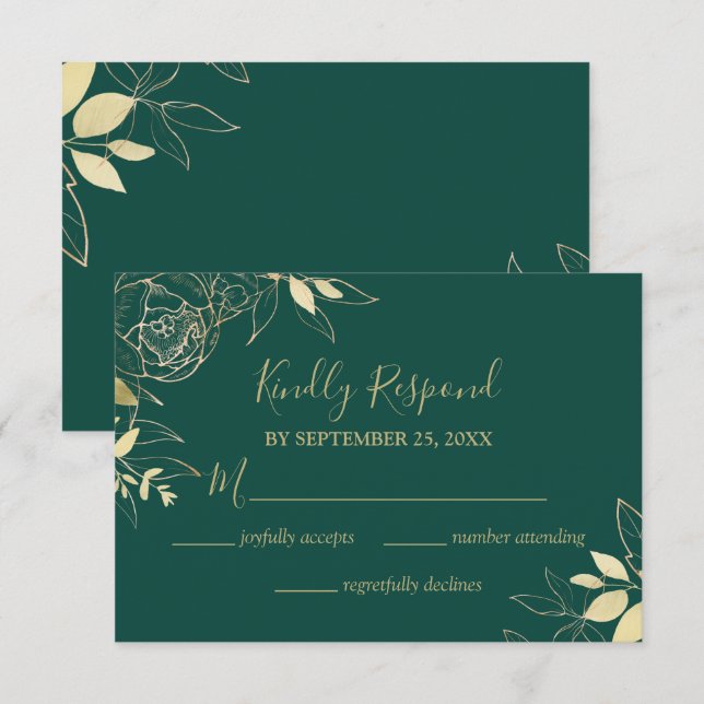 Emerald Green & Gold Peony Modern Floral Wedding RSVP Card (Front/Back)