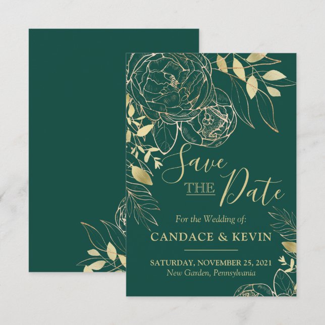 Emerald Green & Gold Peony Modern Floral Wedding Save The Date (Front/Back)