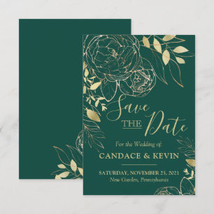 Emerald Green & Gold Peony Modern Floral Wedding Save The Date