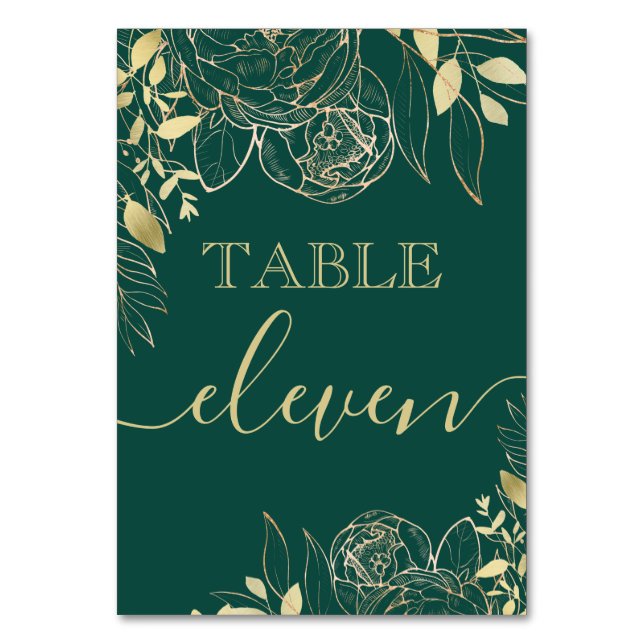 Emerald Green & Gold Peony Modern Floral Wedding T Table Number (Front)