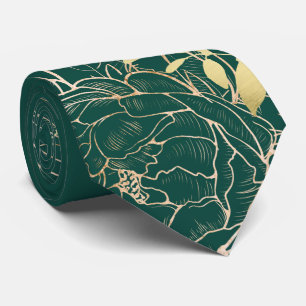 Emerald Green & Gold Peony Modern Floral Wedding Tie