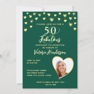 Emerald Green & Gold Photo 50th Birthday Invitation