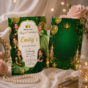 Emerald Green Gold Princess 20th Birthday Invitation