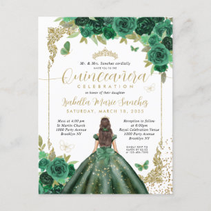 Emerald Green Gold Princess Floral Quinceañera Postcard