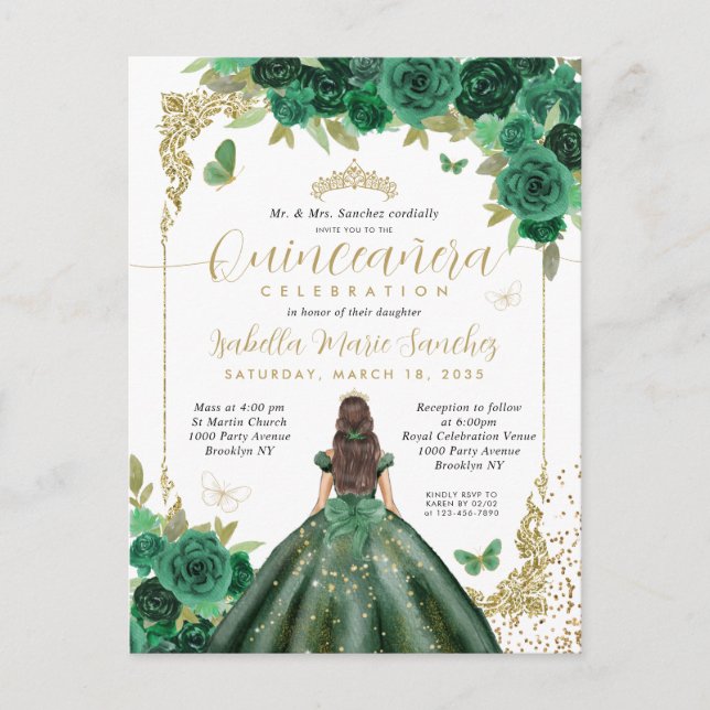 Emerald Green Gold Princess Floral Quinceañera Postcard (Front)