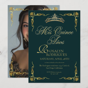 Emerald Green Gold Princess Quinceanera Photo Invitation