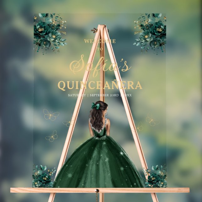 Emerald Green Gold Princess Quinceañera Welcome  Acrylic Sign (Neutral)