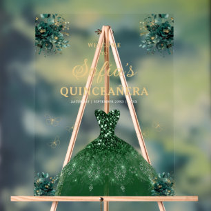 Emerald Green Gold Princess Quinceañera Welcome  Acrylic Sign