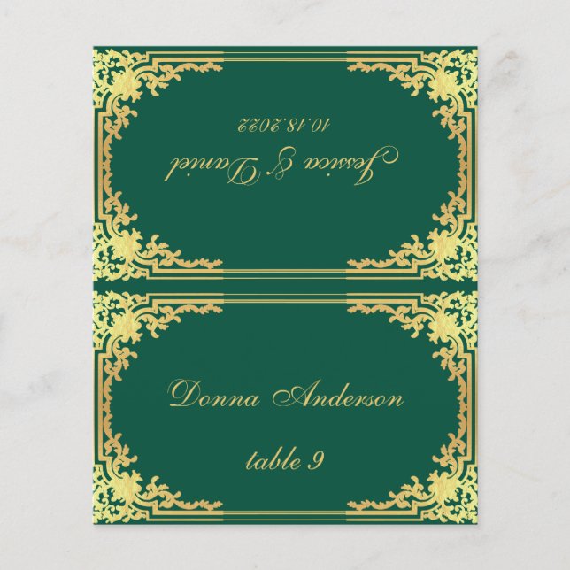 Emerald Green Gold Printed Name Wedding Place Card (Front)