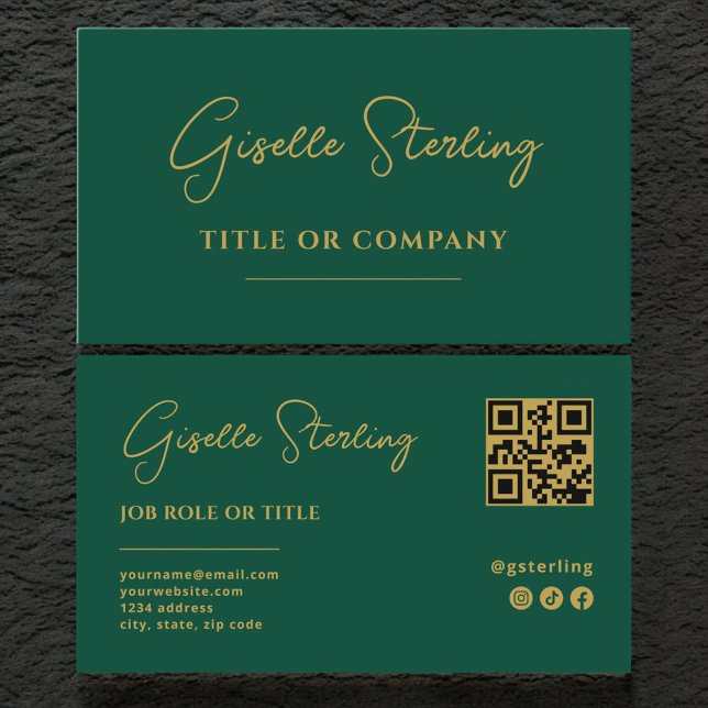 Emerald Green Gold Professional Script QR Code Business Card (Creator Uploaded)