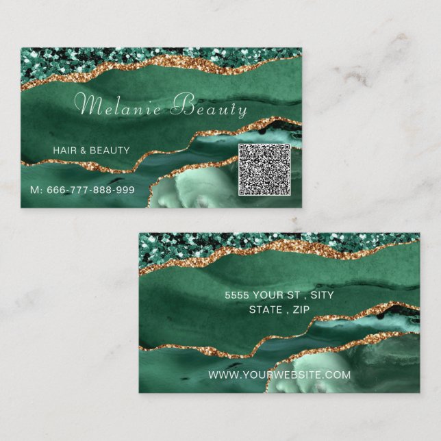 Emerald Green Gold QR Code Business Card Template (Front/Back)