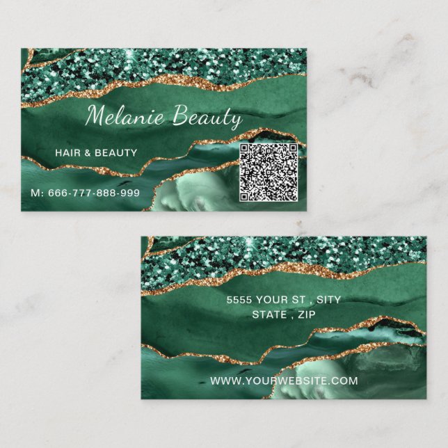 Emerald Green Gold QR Code Business Card Template (Front/Back)