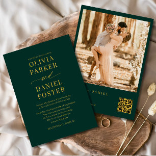Emerald Green Gold QR Code Photo Elegant Wedding Invitation