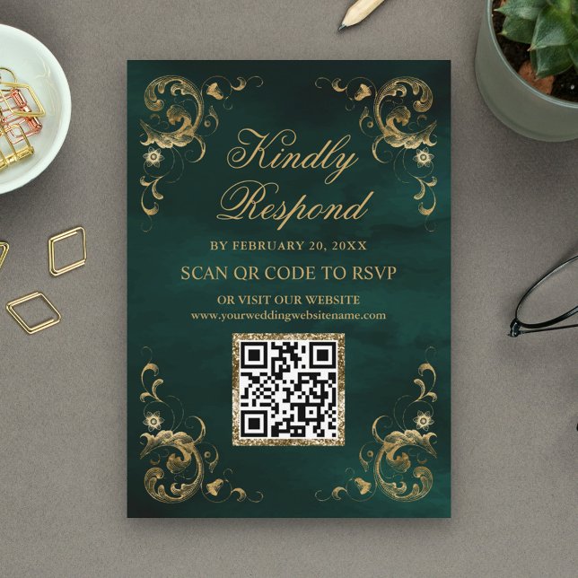 Emerald Green Gold QR Code RSVP Wedding Website Enclosure Card (Creator Uploaded)