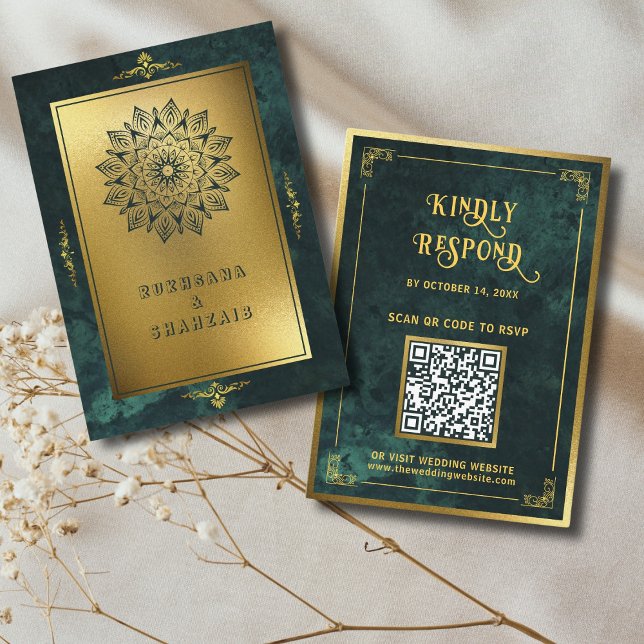Emerald Green Gold QR Code RSVP Wedding Website Enclosure Card (Creator Uploaded)