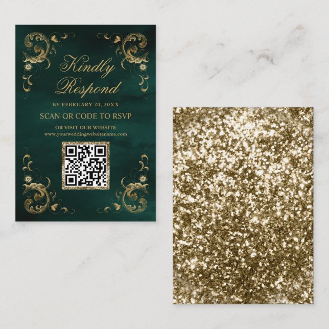Emerald Green Gold QR Code RSVP Wedding Website Enclosure Card (Front/Back)