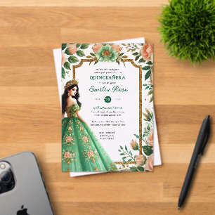 Emerald Green Gold Quinceanera Dress Flowers Acrylic Invitations