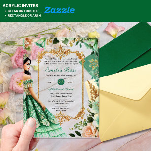 Emerald Green Gold Quinceanera Dress Flowers Acrylic Invitations