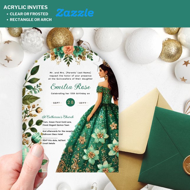 Emerald Green Gold Quinceanera Dress Flowers Acrylic Invitations (Creator Uploaded)