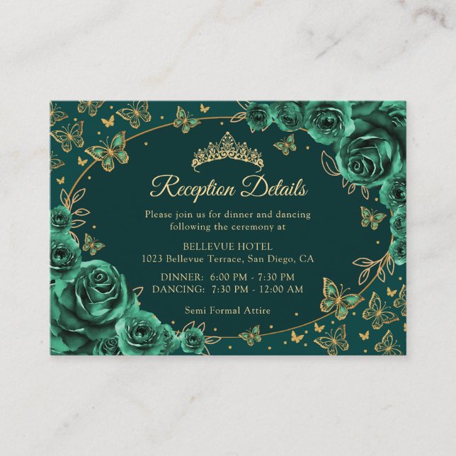 Emerald Green Gold Quinceanera Reception Details Enclosure Card (Front)