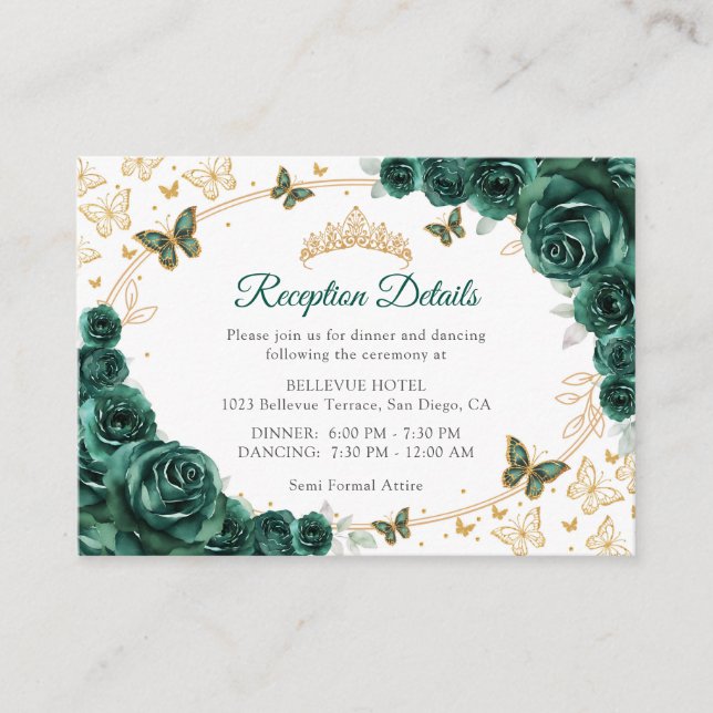 Emerald Green Gold Quinceanera Reception Details Enclosure Card (Front)