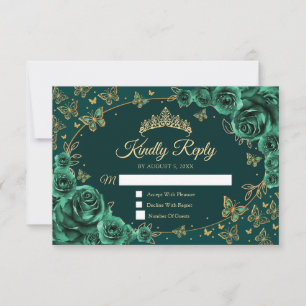 Emerald Green Gold Quinceanera Reply RSVP Card