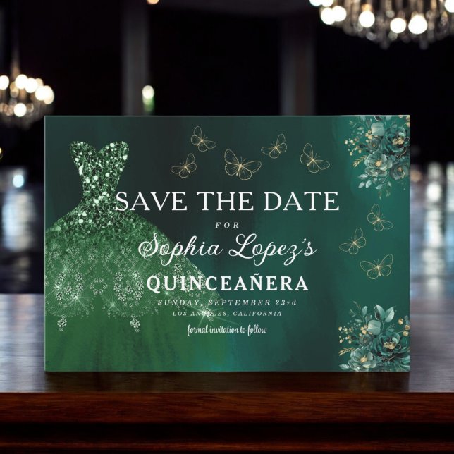 Emerald Green Gold Quinceanera Save The Date (Creator Uploaded)