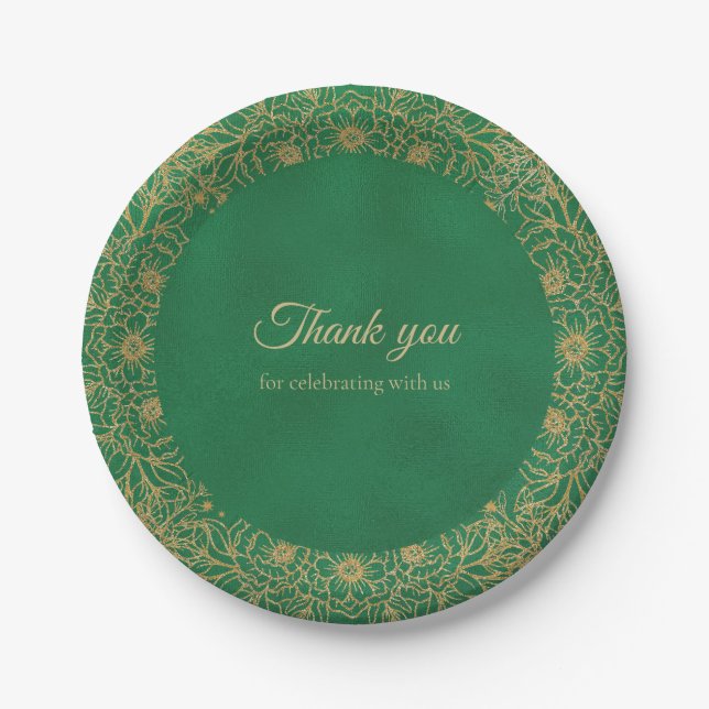 Emerald Green Gold Quinceañera Sweet 15 Paper Plate (Front)