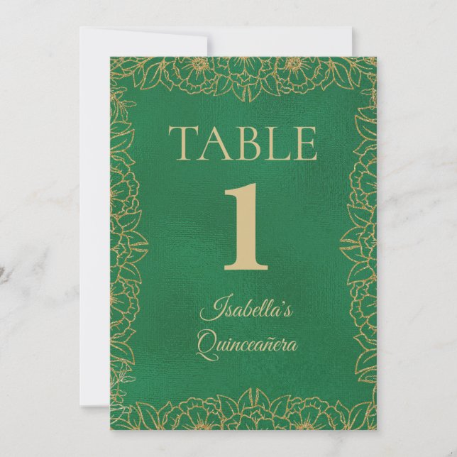 Emerald Green Gold Quinceanera Table Number (Front)