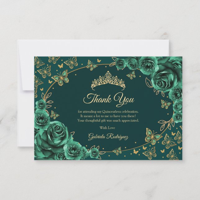 Emerald Green Gold Quinceanera Thank You Card (Front)