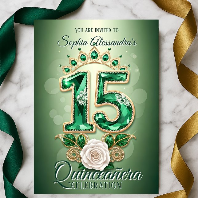 Emerald Green & Gold Regal Tiara Rose Quinceañera  Invitation (Creator Uploaded)