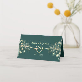 Emerald Green Gold Rope Heart Wedding Place Card