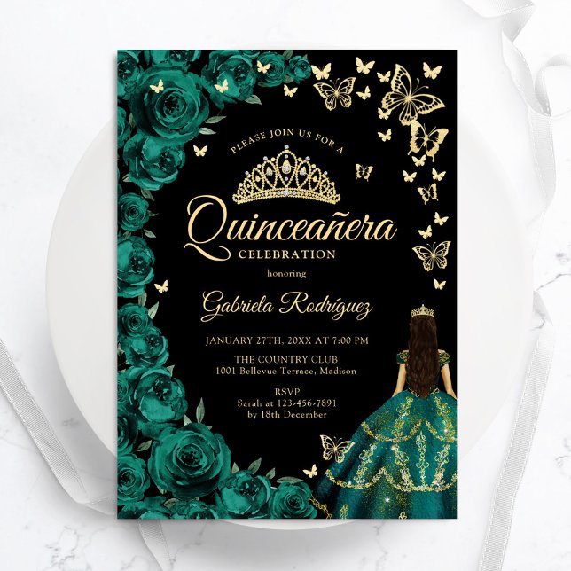 Emerald Green Gold Roses Butterflies Quinceanera Invitation (Creator Uploaded)